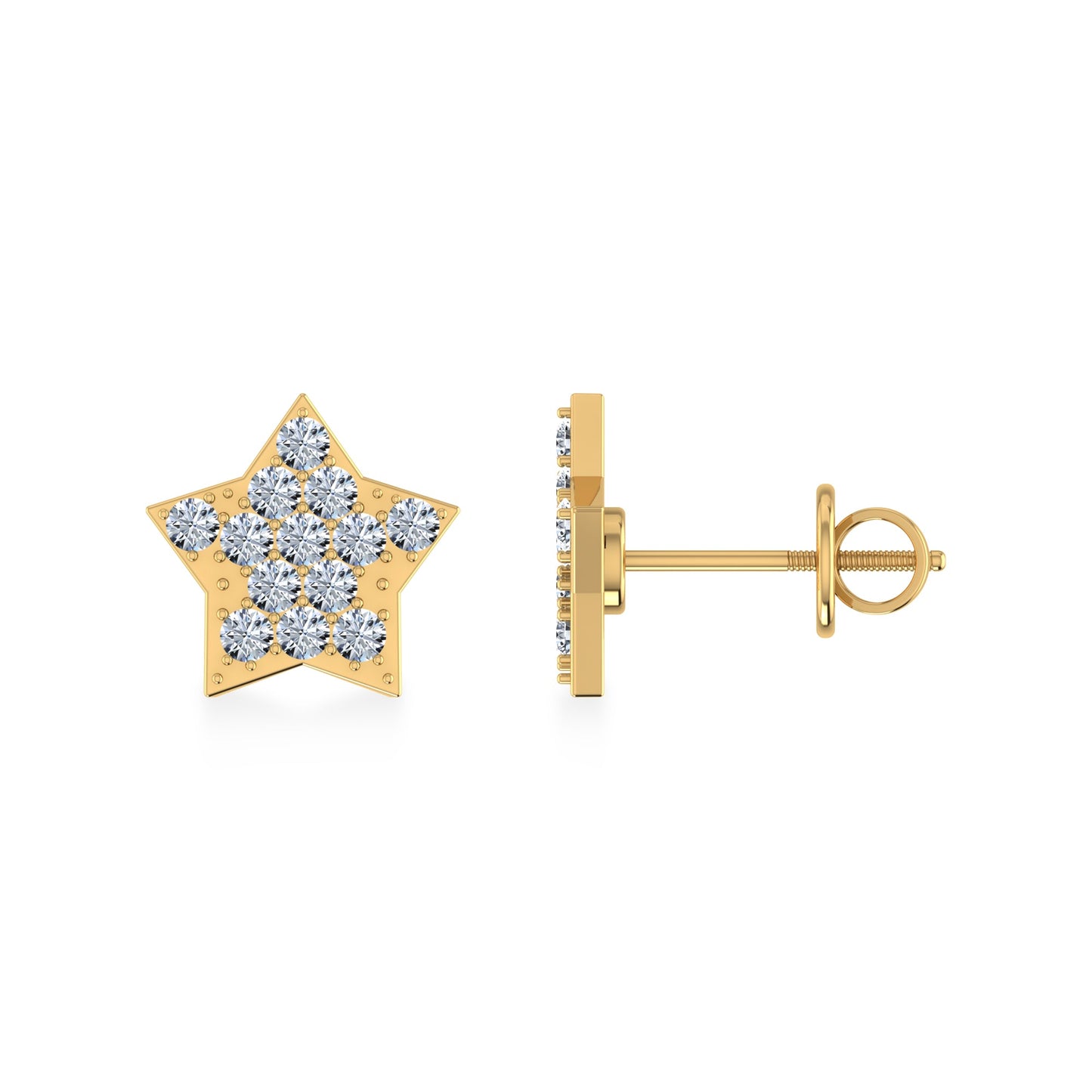 14K Yellow Gold Round Diamond Star Shape Stud Earrings 1/8 Cttw